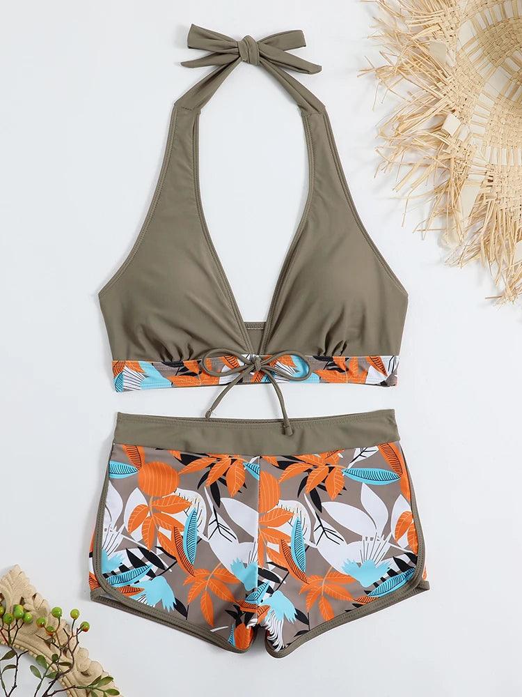 Bikini set short swimsuit women high waist swimwear printed beachwear - ARI