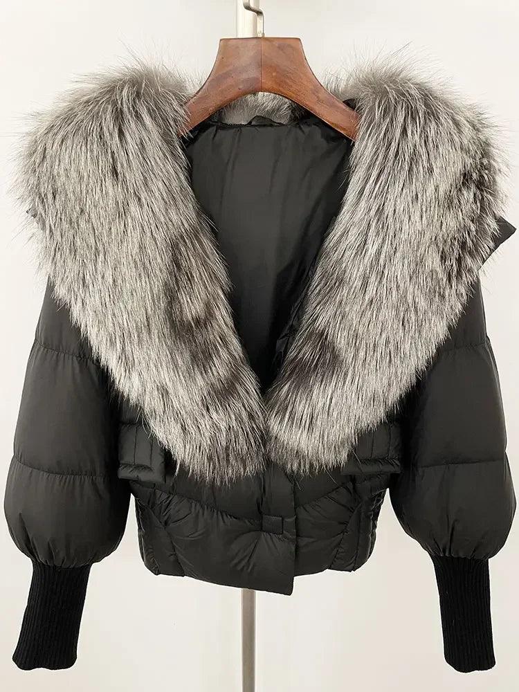 Winter girls jacket with real raccoon fox fur collar loose fit coat - ARI