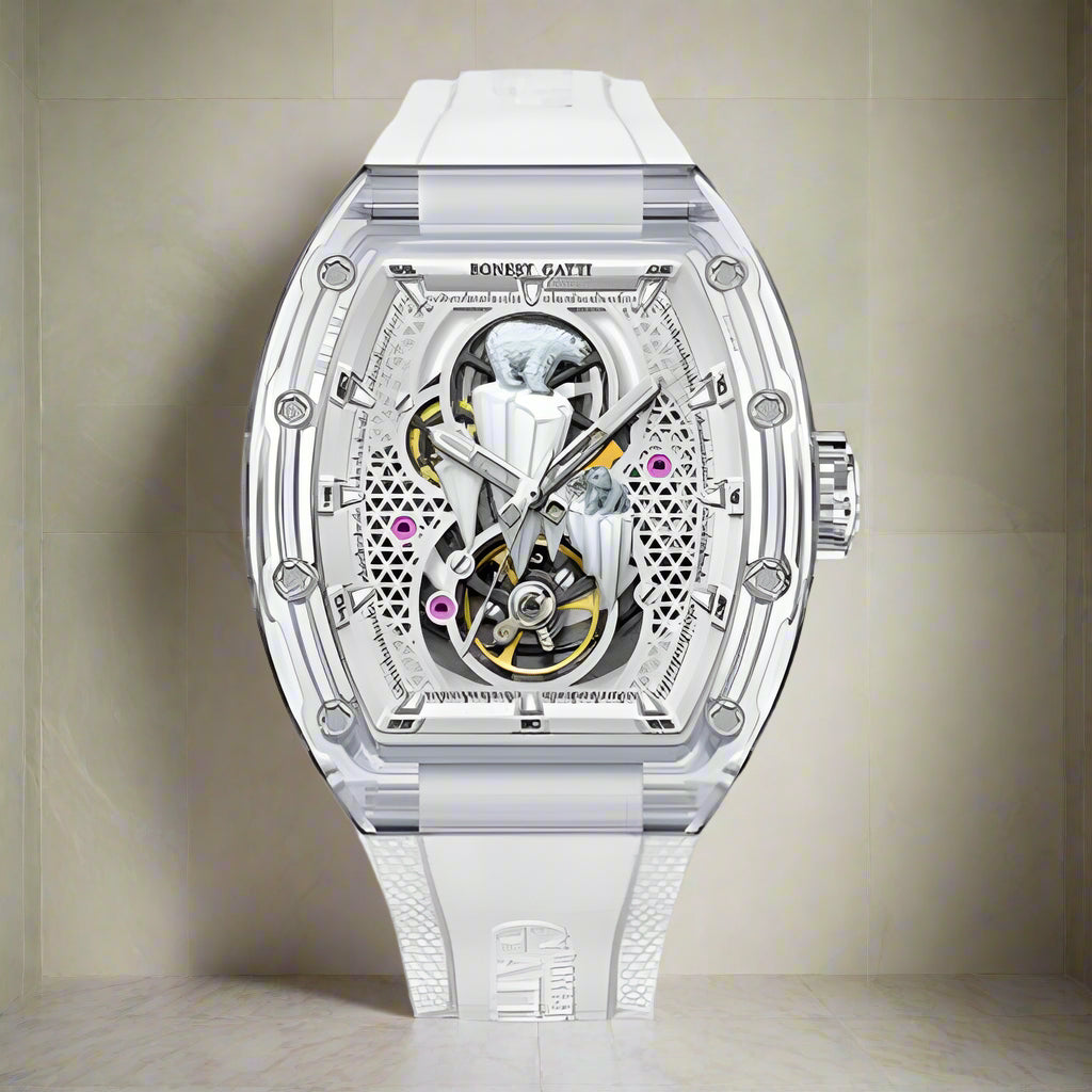 BONEST GATTI Men luxury automatic watch – polar bear skeleton dial with fluoro rubber strap