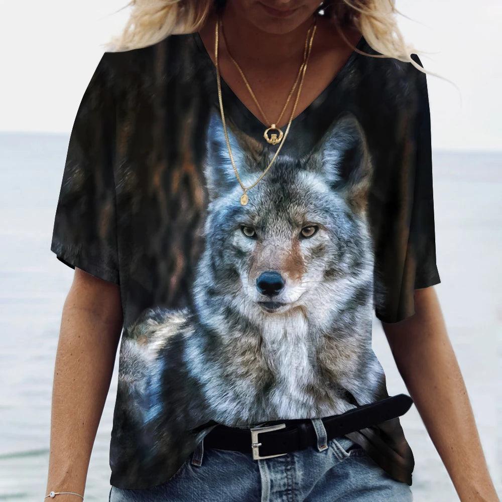 T-shirt featuring a 3D print of a wolf among many designs - ARI