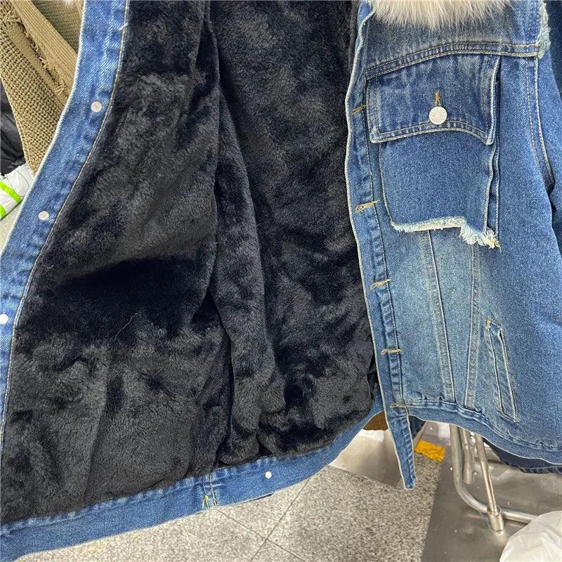 Limited availability Real Fox fur thick warm denim parkas female winter coat - ARI