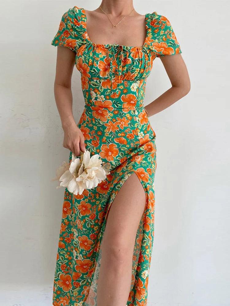 Floral short sleeve party dress chic off-shoulder backless - ARI