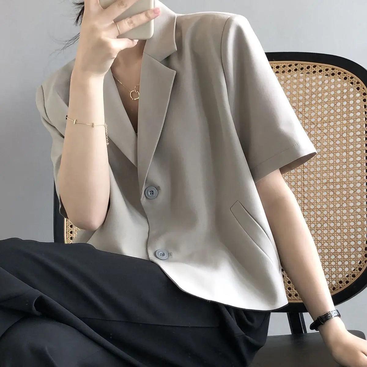 suit top women thin jacket outerwears casual short sleeve blazers solid cotton coats - ARI