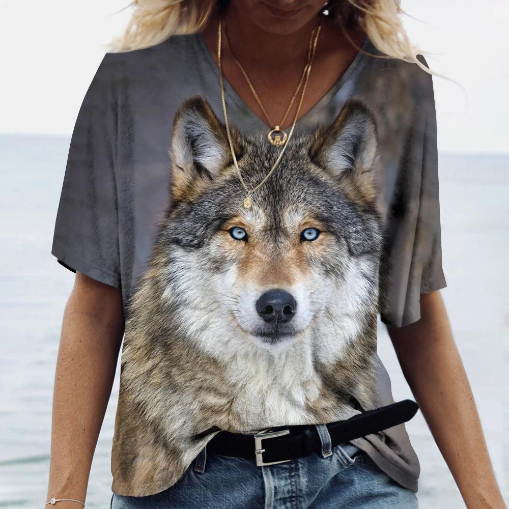 T-shirt featuring a 3D print of a wolf among many designs - ARI