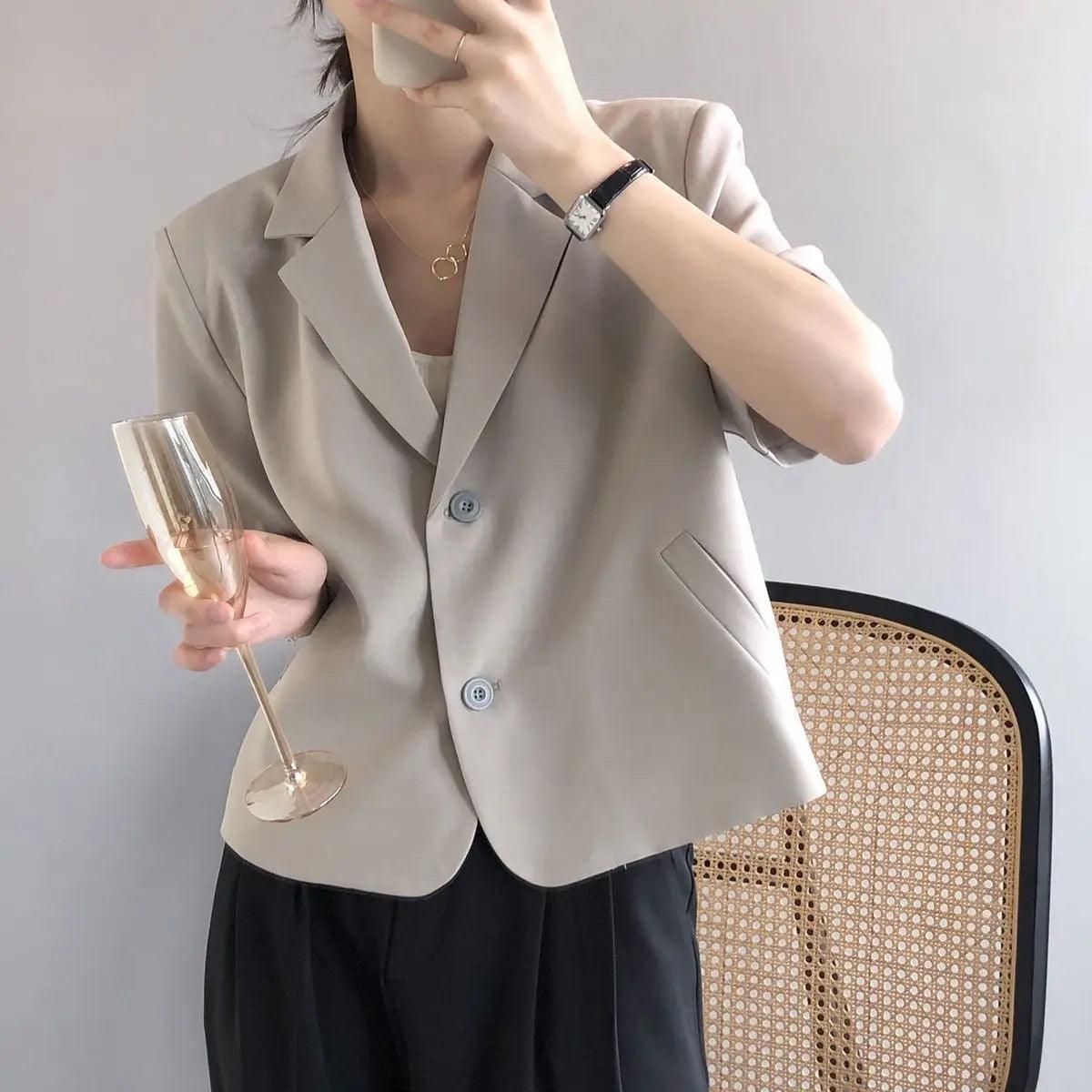 suit top women thin jacket outerwears casual short sleeve blazers solid cotton coats - ARI
