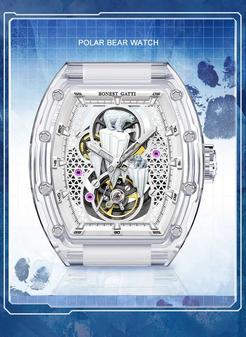 BONEST GATTI Men luxury automatic watch – polar bear skeleton dial with fluoro rubber strap