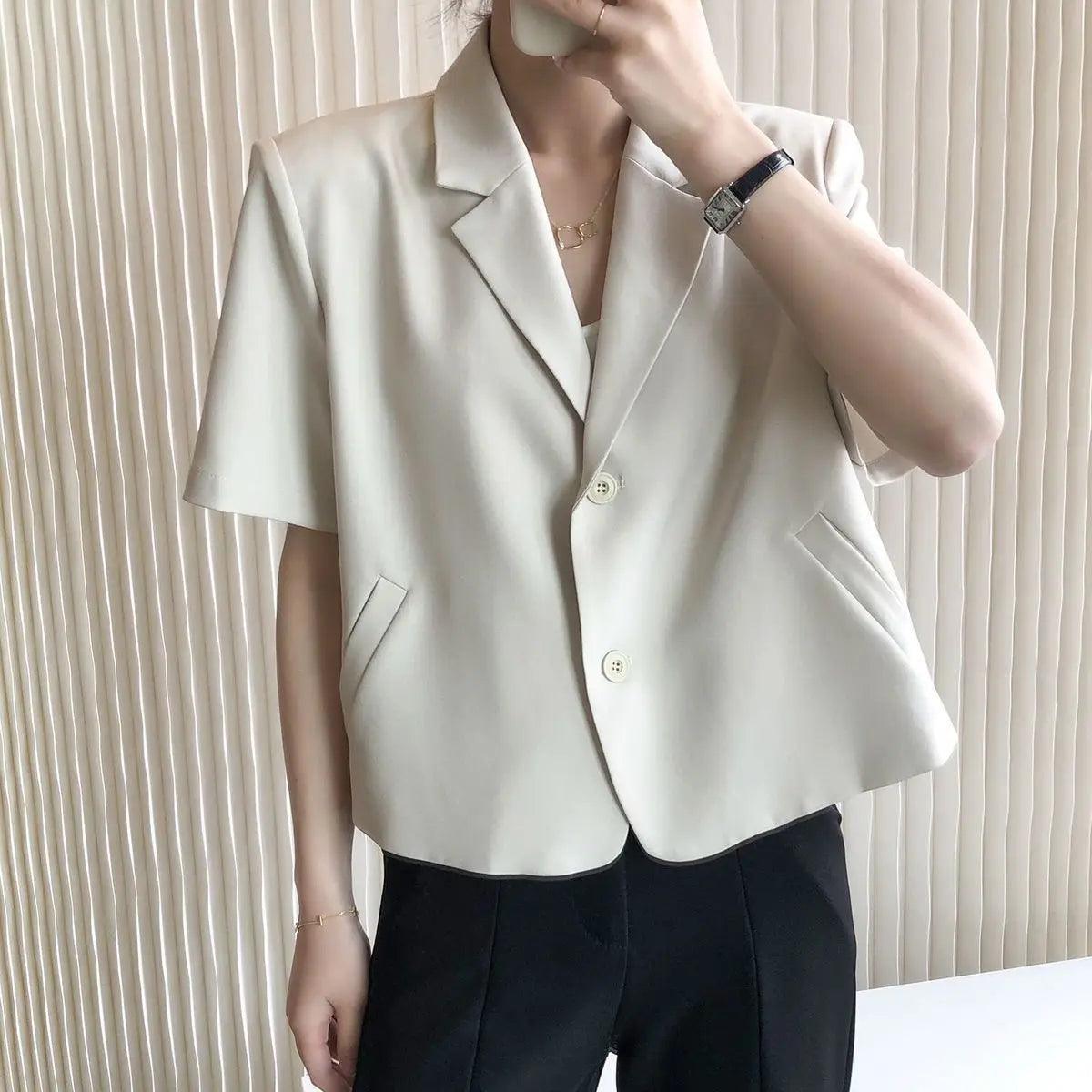 suit top women thin jacket outerwears casual short sleeve blazers solid cotton coats - ARI