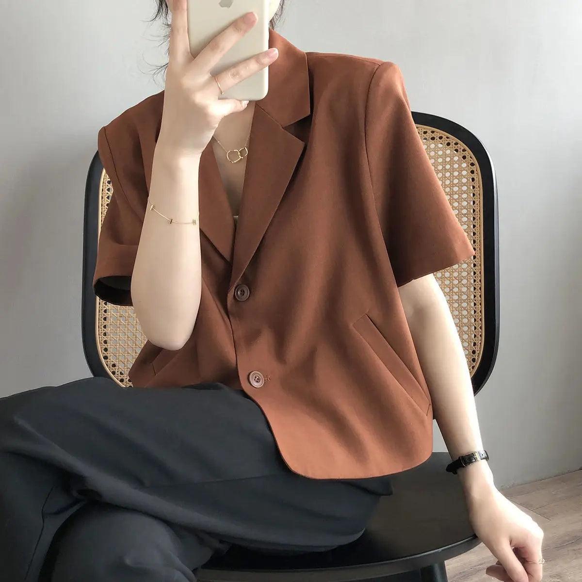 suit top women thin jacket outerwears casual short sleeve blazers solid cotton coats - ARI