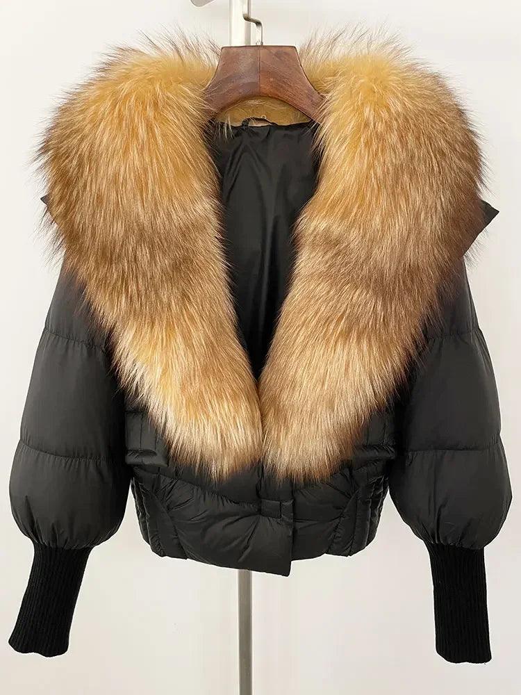 Winter girls jacket with real raccoon fox fur collar loose fit coat - ARI