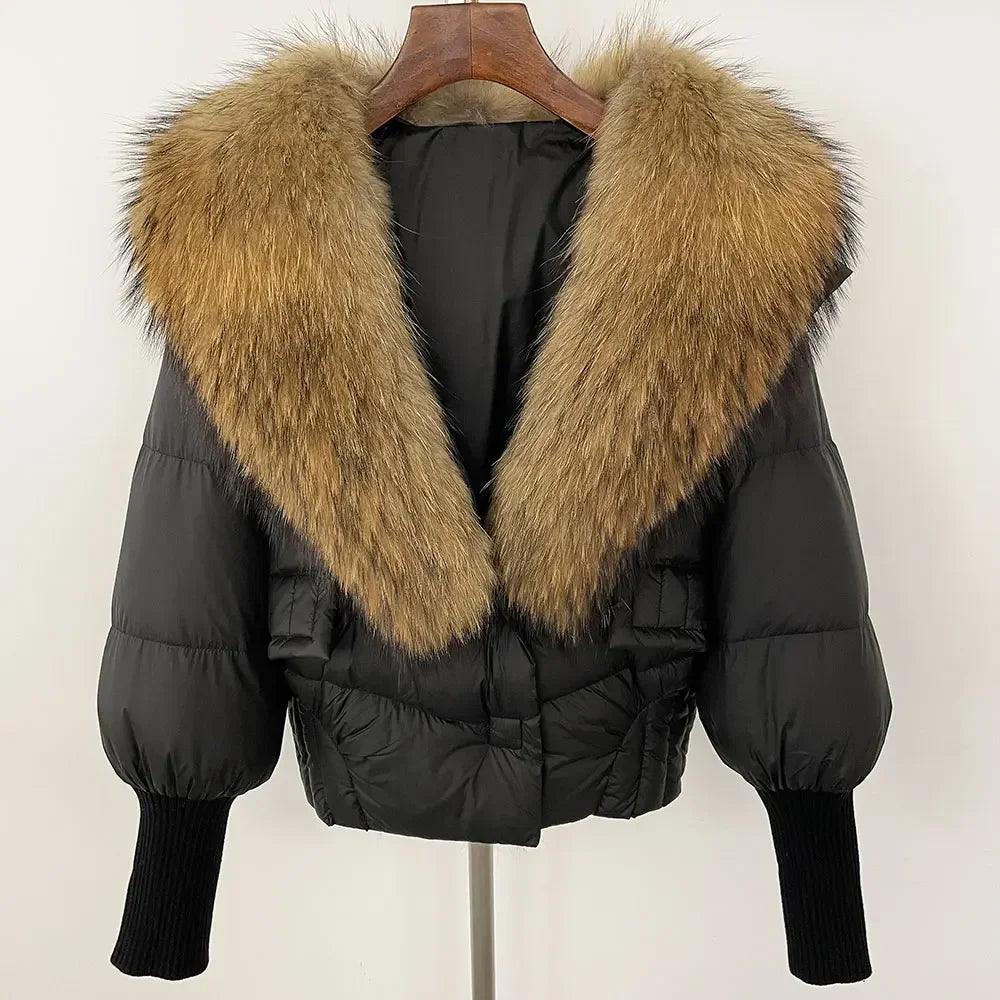 Winter girls jacket with real raccoon fox fur collar loose fit coat - ARI