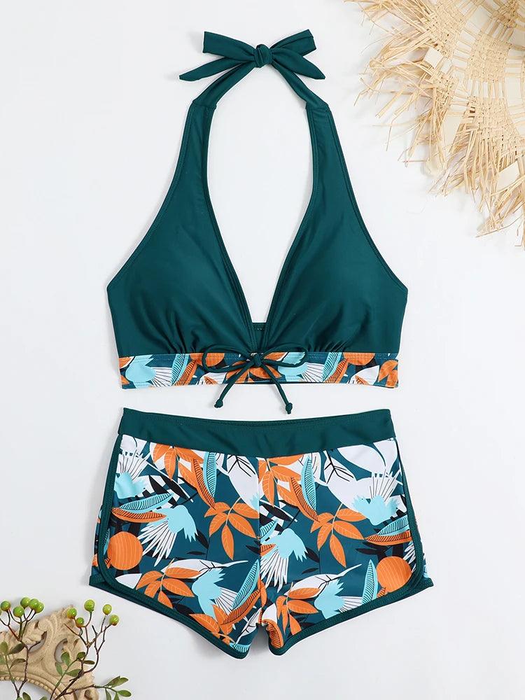 Bikini set short swimsuit women high waist swimwear printed beachwear - ARI