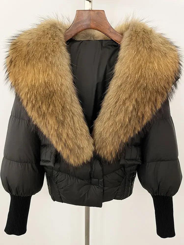 Winter girls jacket with real raccoon fox fur collar loose fit coat - ARI