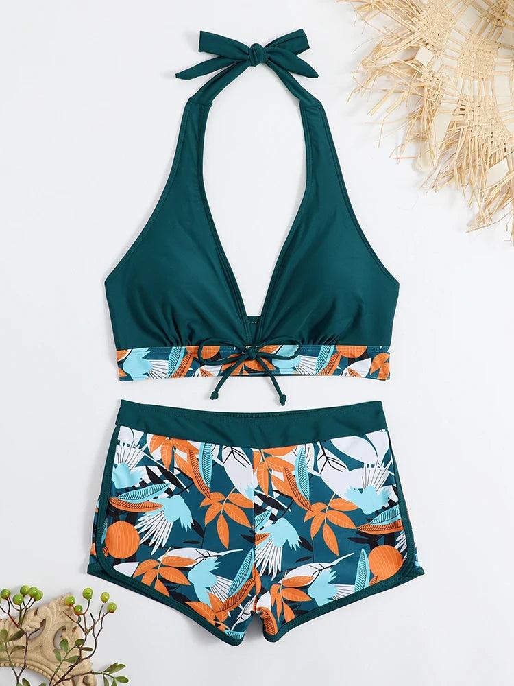 Bikini set short swimsuit women high waist swimwear printed beachwear - ARI