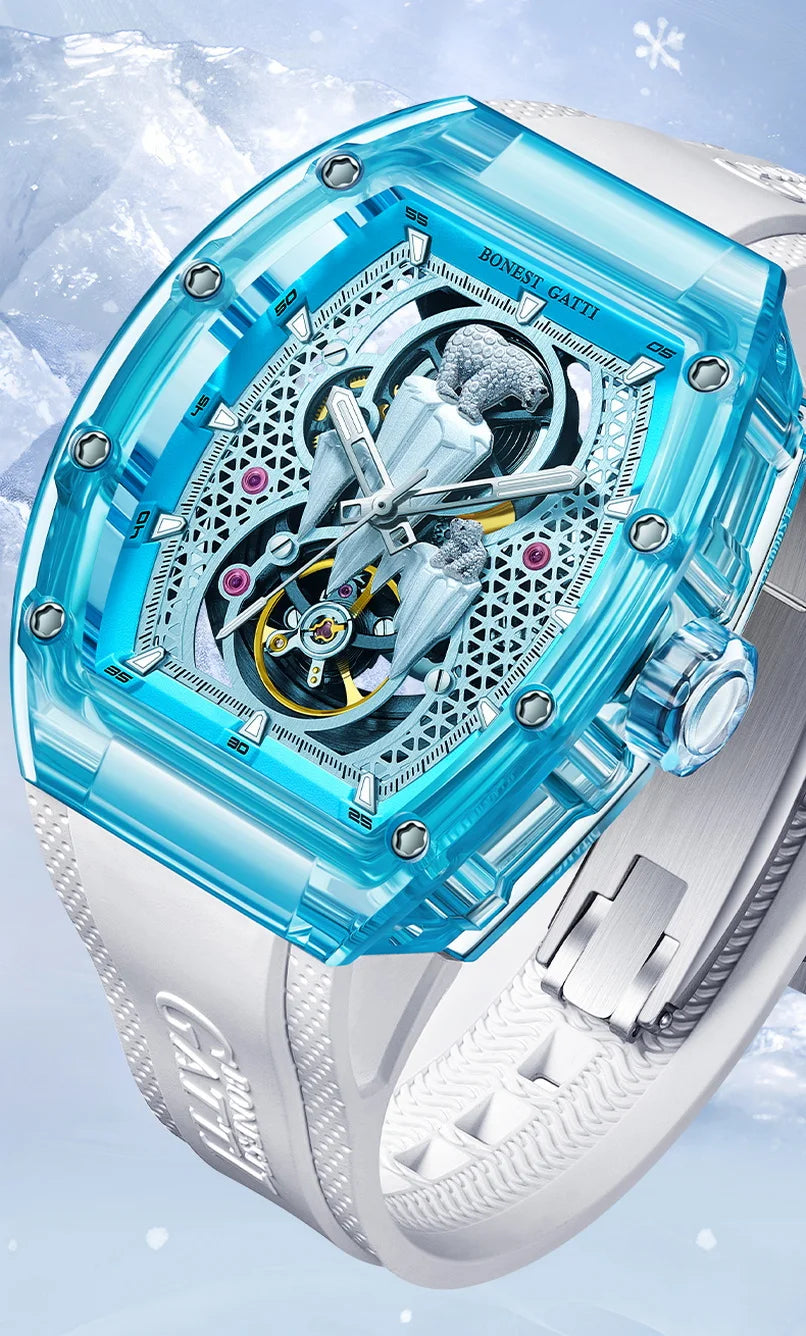 BONEST GATTI Men luxury automatic watch – polar bear skeleton dial with fluoro rubber strap