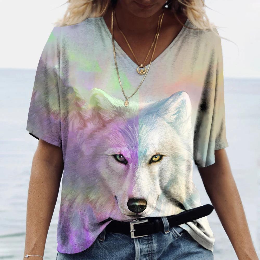 T-shirt featuring a 3D print of a wolf among many designs - ARI