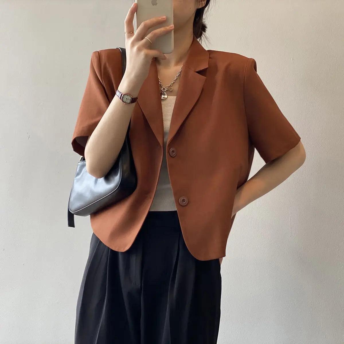 suit top women thin jacket outerwears casual short sleeve blazers solid cotton coats - ARI