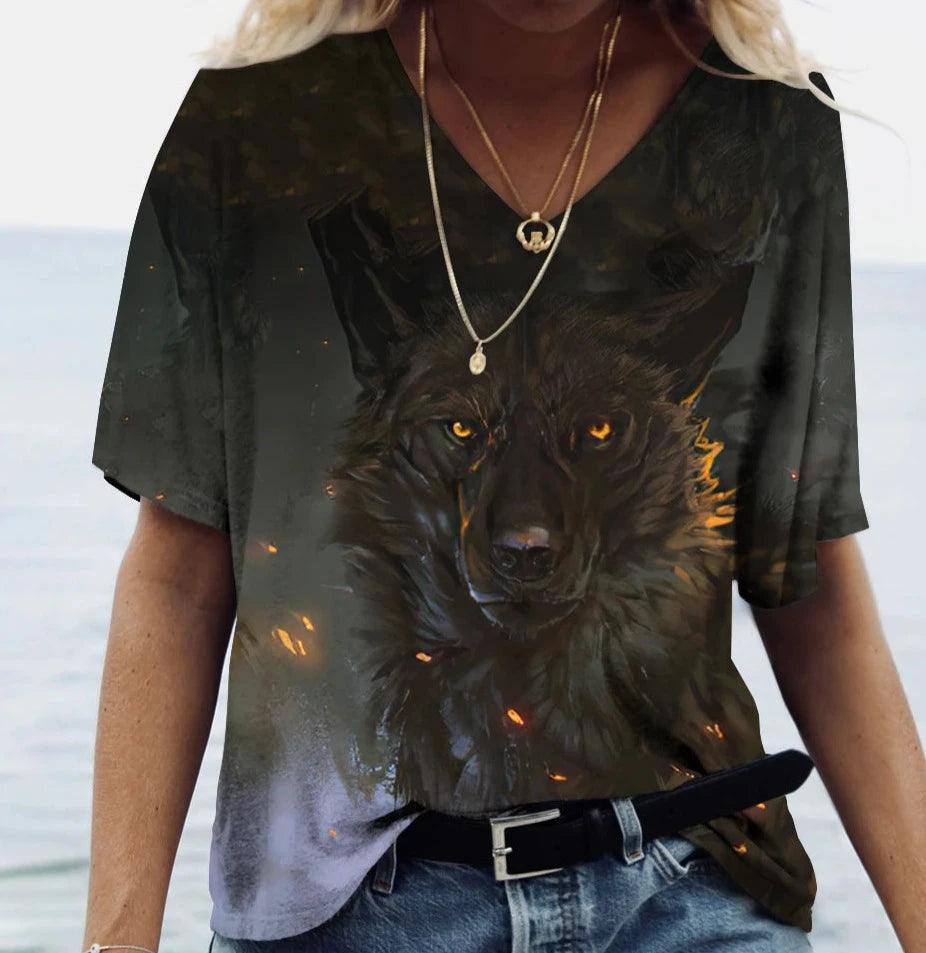 T-shirt featuring a 3D print of a wolf among many designs - ARI