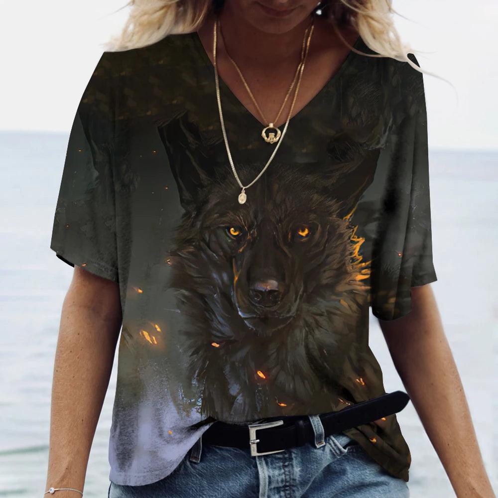 T-shirt featuring a 3D print of a wolf among many designs - ARI