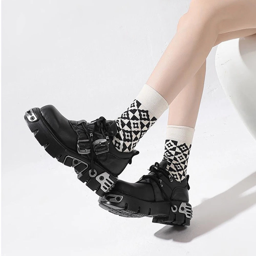 Dark punk style woman rock boots leather metal niche