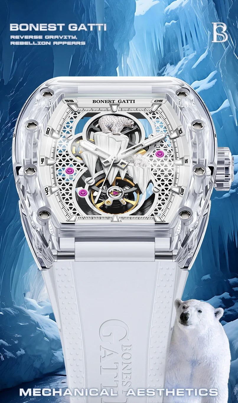 BONEST GATTI Men luxury automatic watch – polar bear skeleton dial with fluoro rubber strap