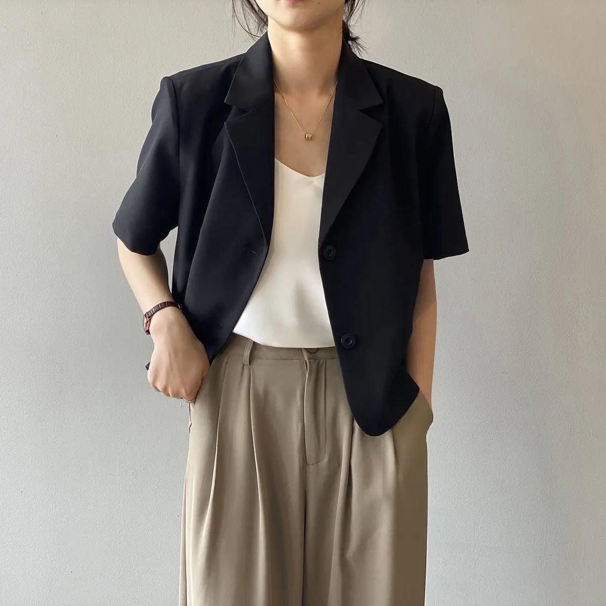 suit top women thin jacket outerwears casual short sleeve blazers solid cotton coats - ARI