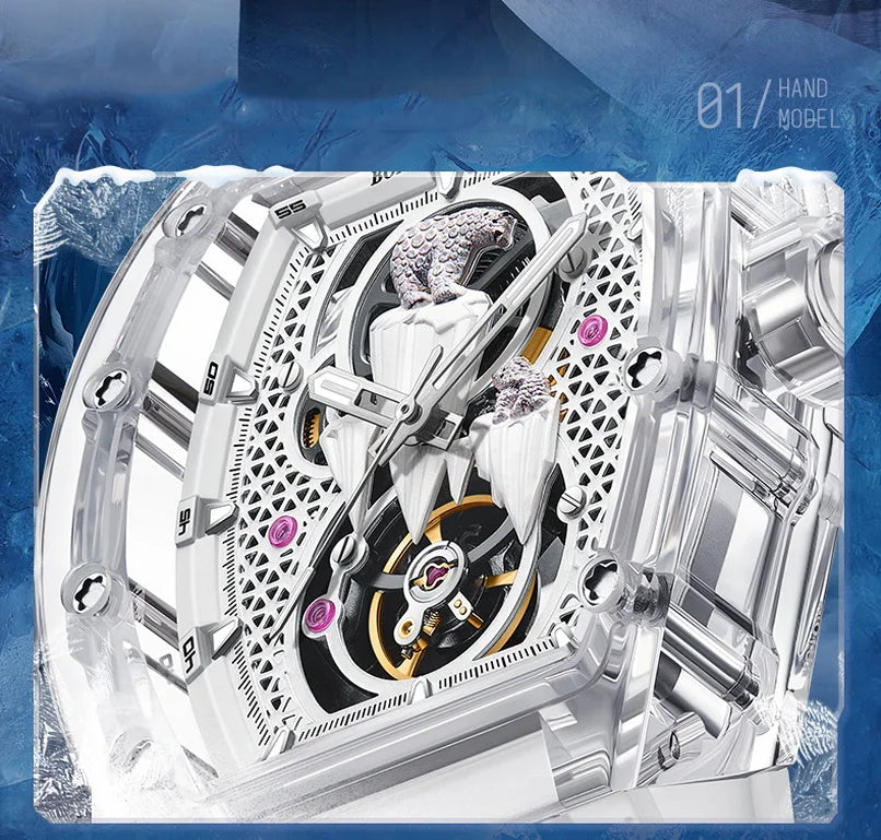 BONEST GATTI Men luxury automatic watch – polar bear skeleton dial with fluoro rubber strap