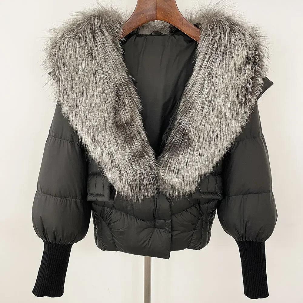 Winter girls jacket with real raccoon fox fur collar loose fit coat - ARI