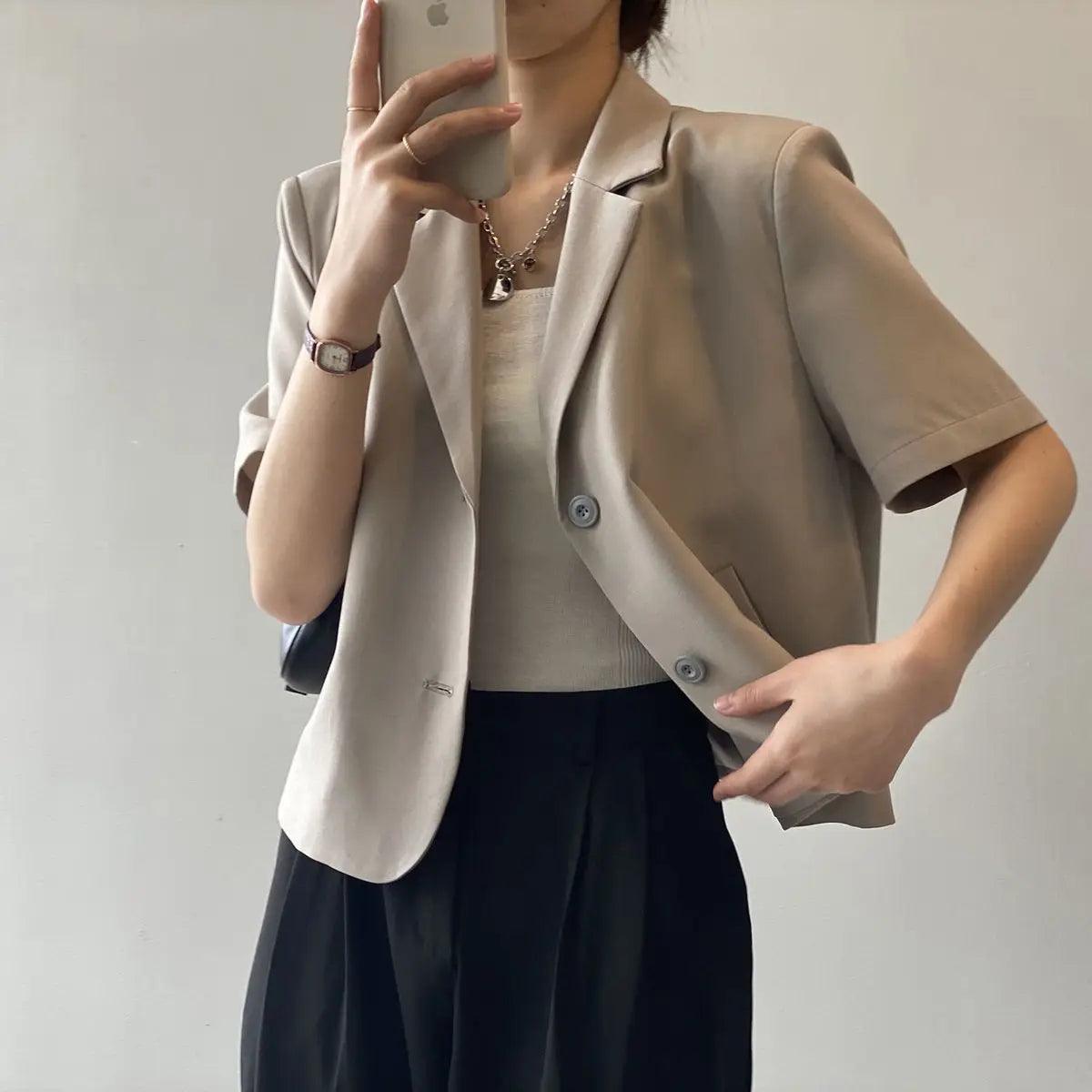 suit top women thin jacket outerwears casual short sleeve blazers solid cotton coats - ARI