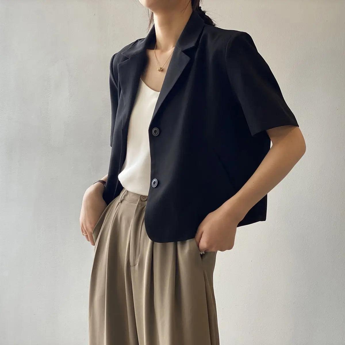 suit top women thin jacket outerwears casual short sleeve blazers solid cotton coats - ARI