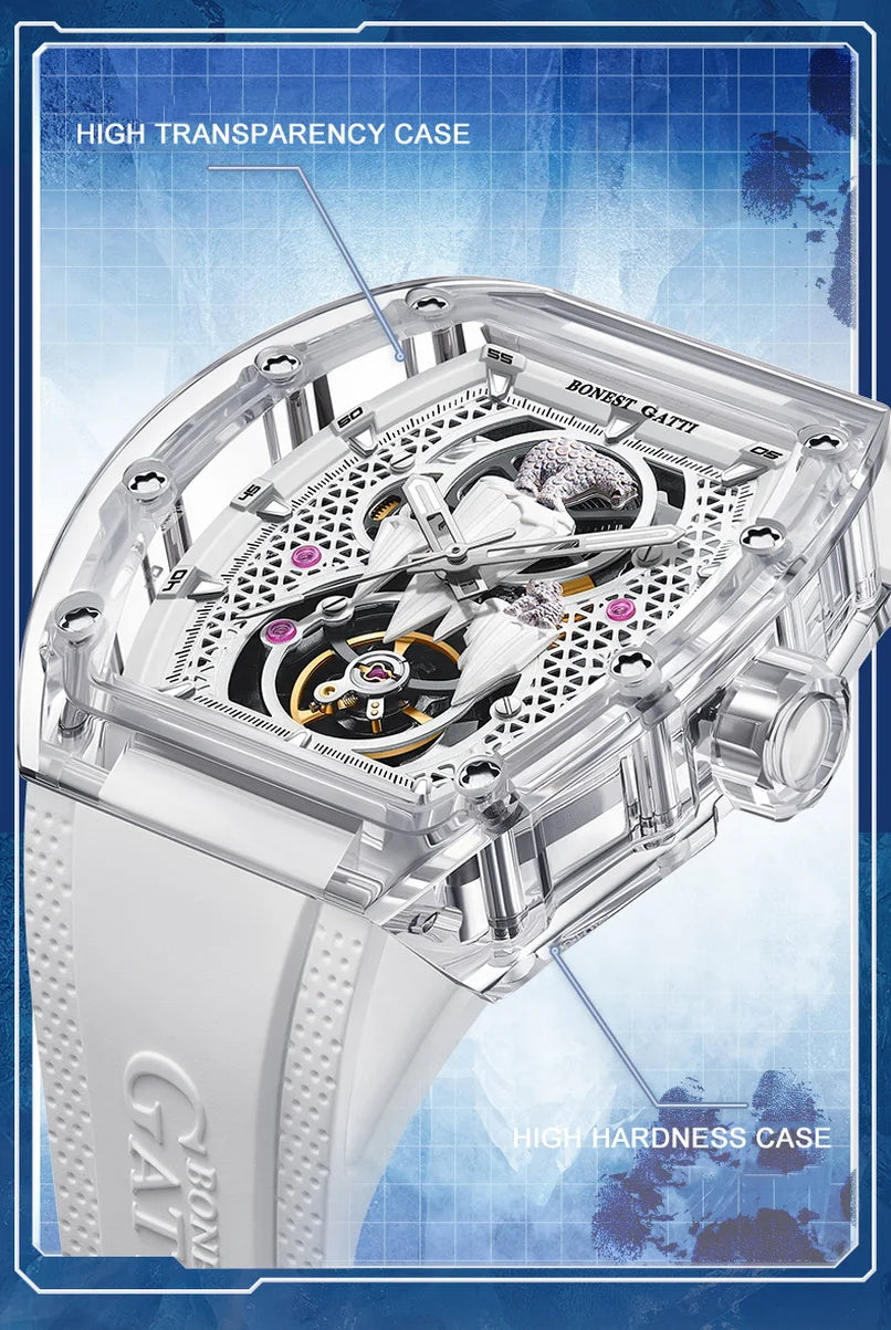 BONEST GATTI Men luxury automatic watch – polar bear skeleton dial with fluoro rubber strap