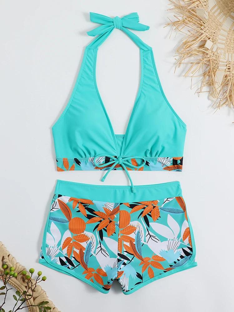 Bikini set short swimsuit women high waist swimwear printed beachwear - ARI