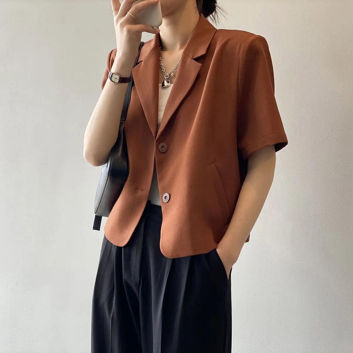 suit top women thin jacket outerwears casual short sleeve blazers solid cotton coats - ARI