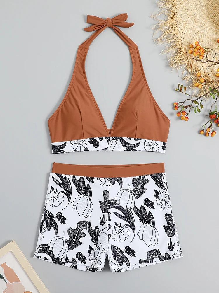 Bikini set short swimsuit women high waist swimwear printed beachwear - ARI
