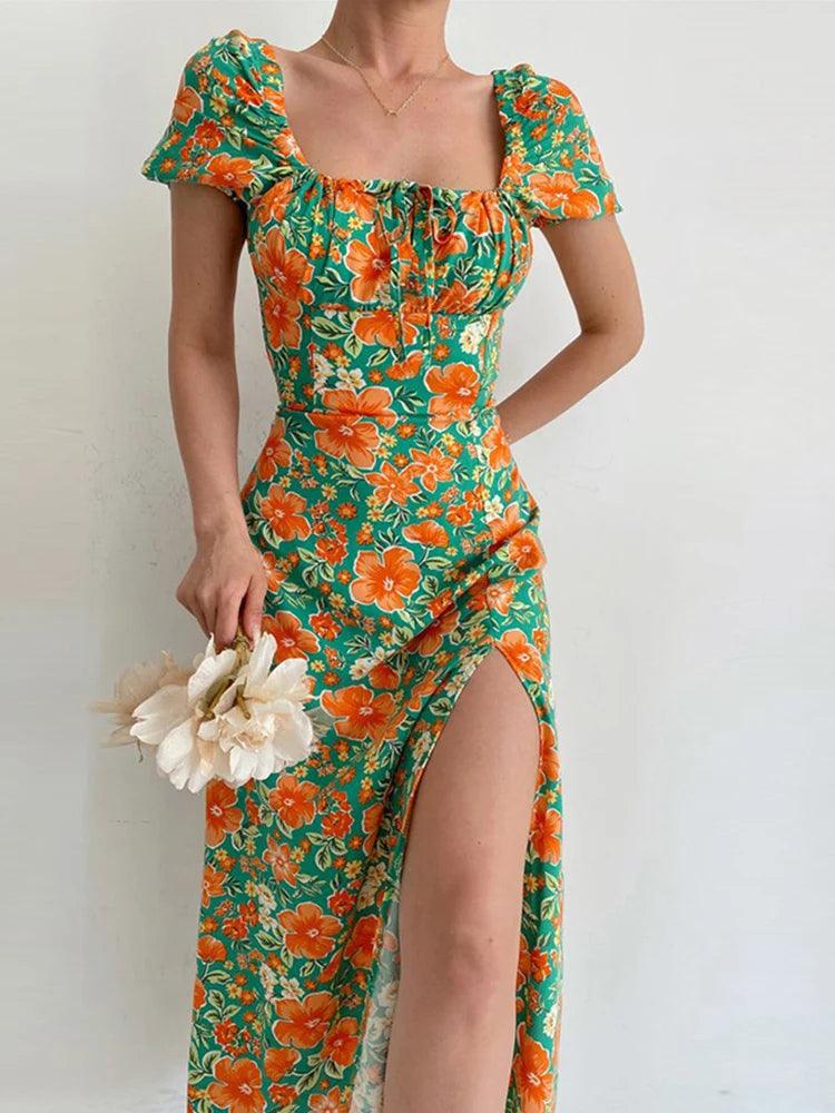 Floral short sleeve party dress chic off-shoulder backless - ARI