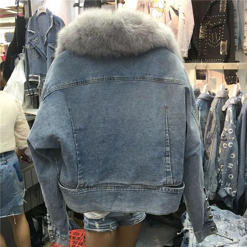 Limited availability Real Fox fur thick warm denim parkas female winter coat - ARI