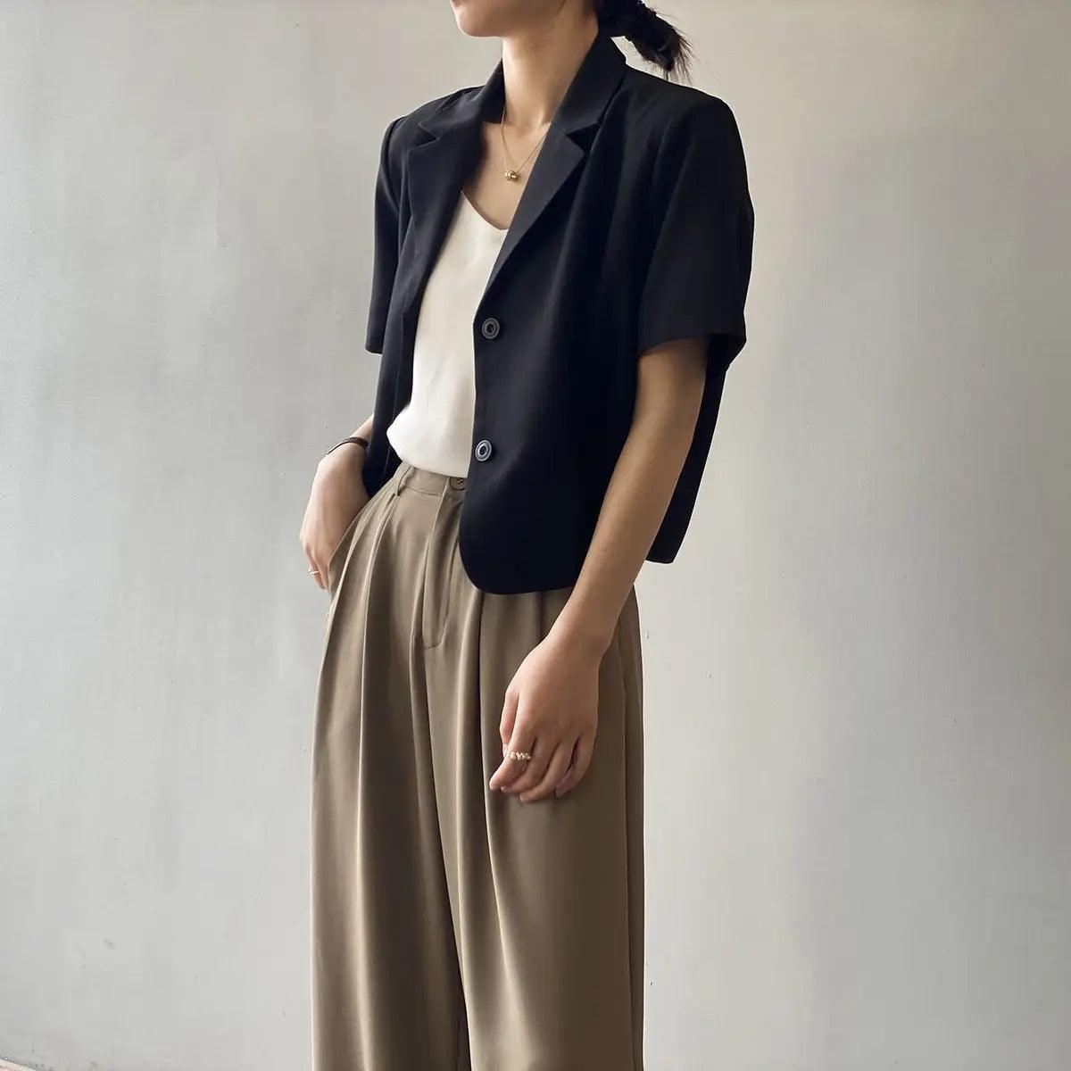 suit top women thin jacket outerwears casual short sleeve blazers solid cotton coats - ARI
