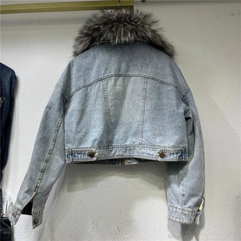 Limited availability Real Fox fur thick warm denim parkas female winter coat - ARI