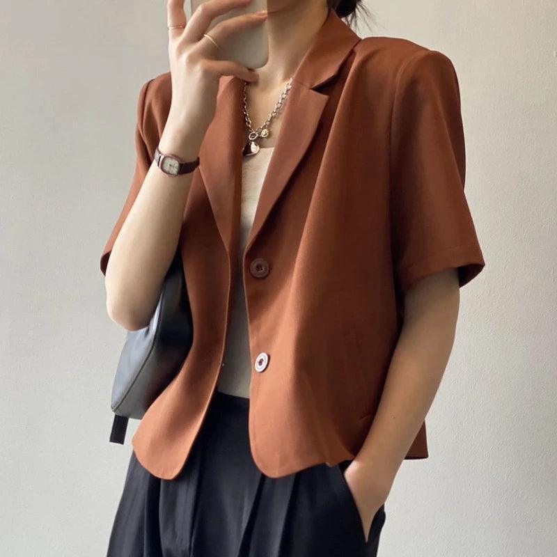 suit top women thin jacket outerwears casual short sleeve blazers solid cotton coats - ARI