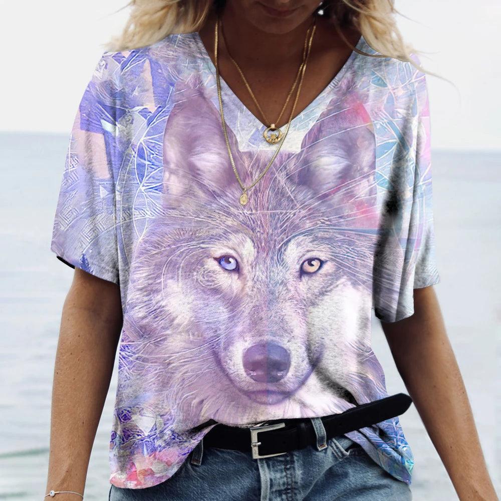 T-shirt featuring a 3D print of a wolf among many designs - ARI