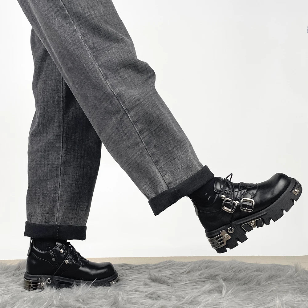 Dark punk style woman rock boots leather metal niche