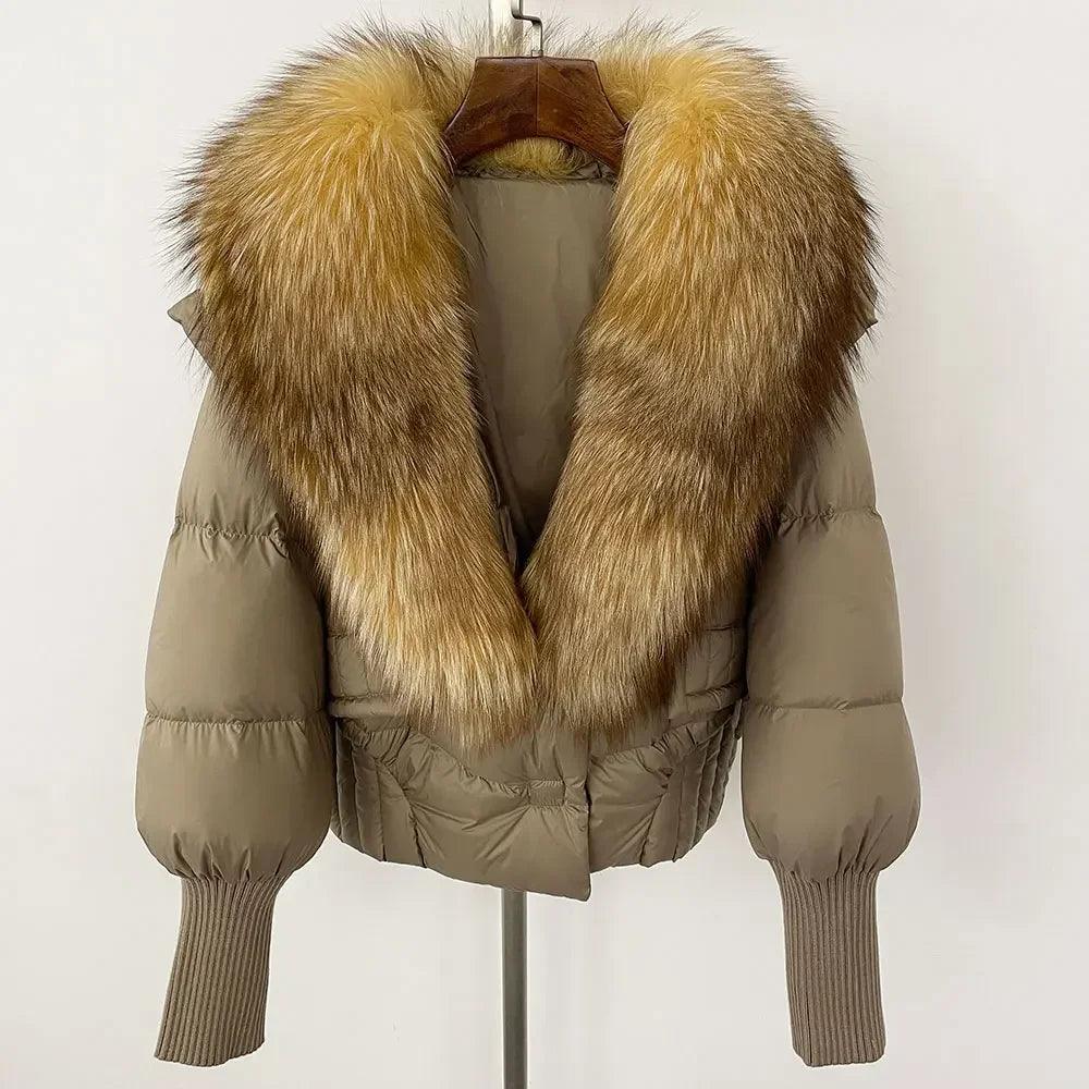 Winter girls jacket with real raccoon fox fur collar loose fit coat - ARI