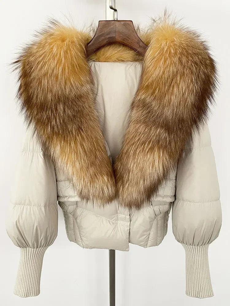 Winter girls jacket with real raccoon fox fur collar loose fit coat - ARI