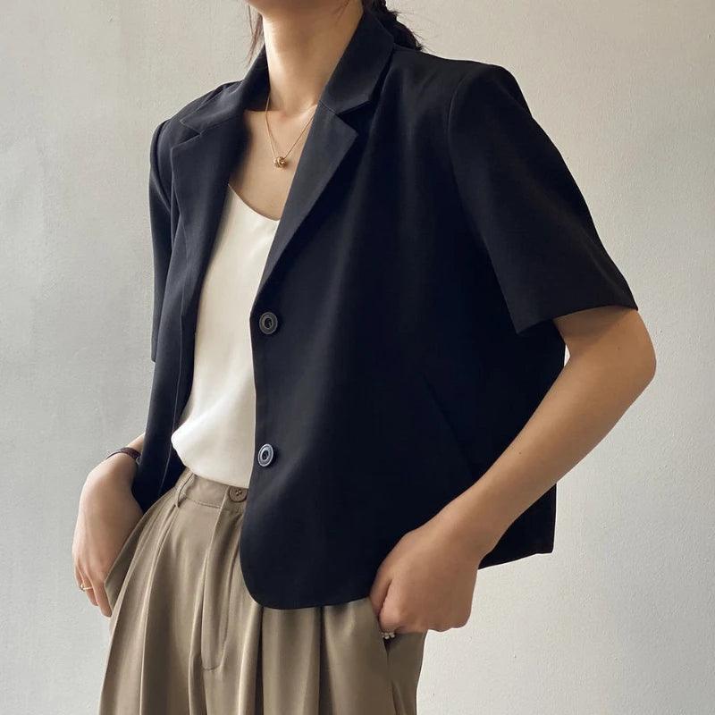 suit top women thin jacket outerwears casual short sleeve blazers solid cotton coats - ARI
