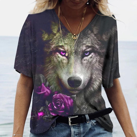 T-shirt featuring a 3D print of a wolf among many designs - ARI
