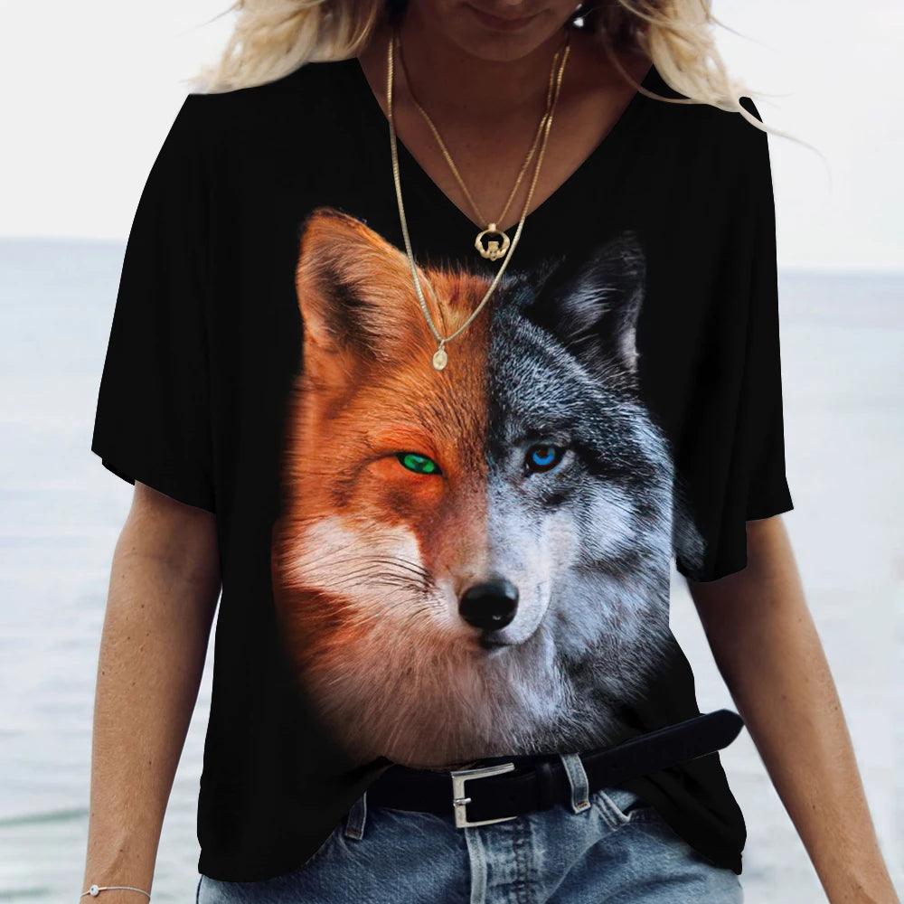 T-shirt featuring a 3D print of a wolf among many designs - ARI
