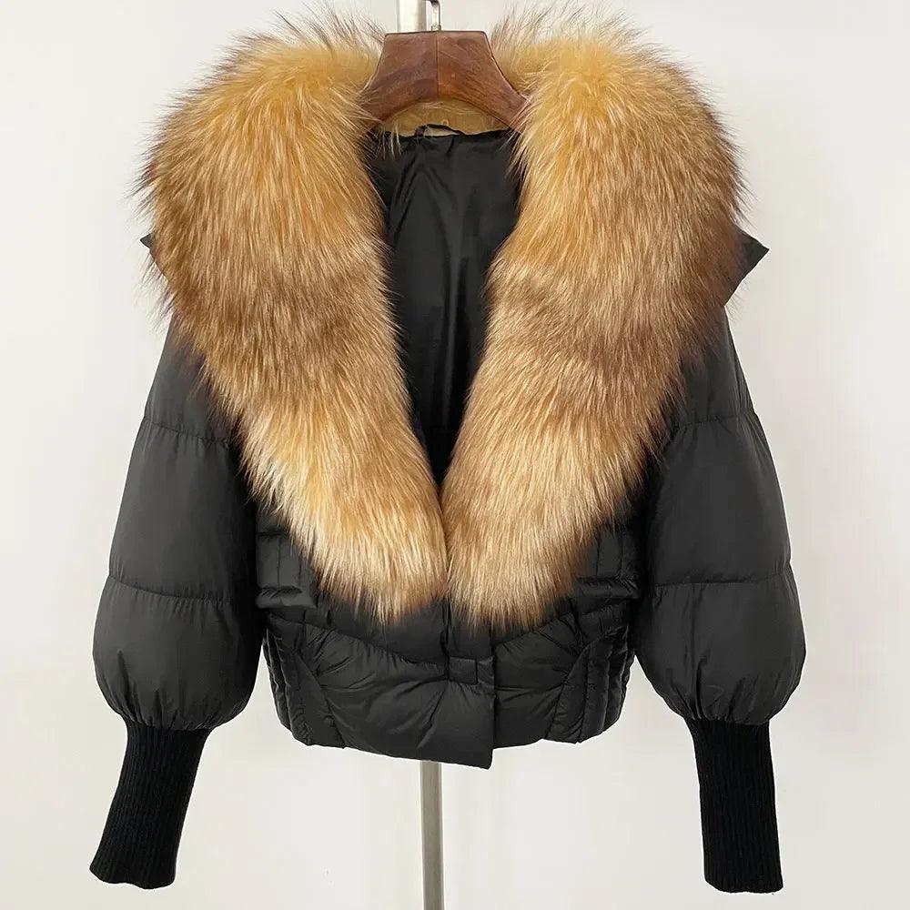 Winter girls jacket with real raccoon fox fur collar loose fit coat - ARI