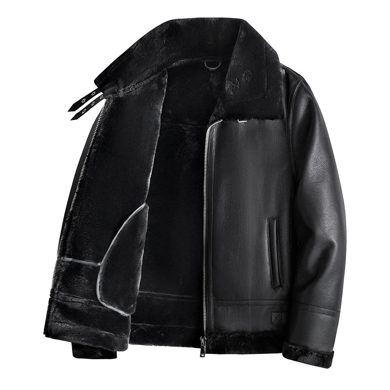 Thick warm coat luxury fur lamb wool leather cashmere leather