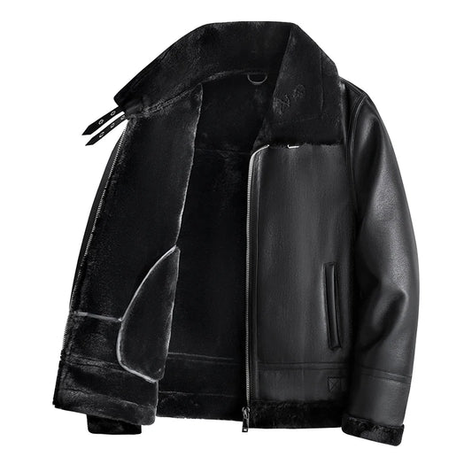 Thick warm coat luxury fur lamb wool leather cashmere leather
