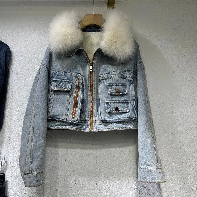 Limited availability Real Fox fur thick warm denim parkas female winter coat - ARI