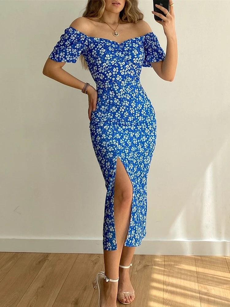 Floral short sleeve party dress chic off-shoulder backless - ARI